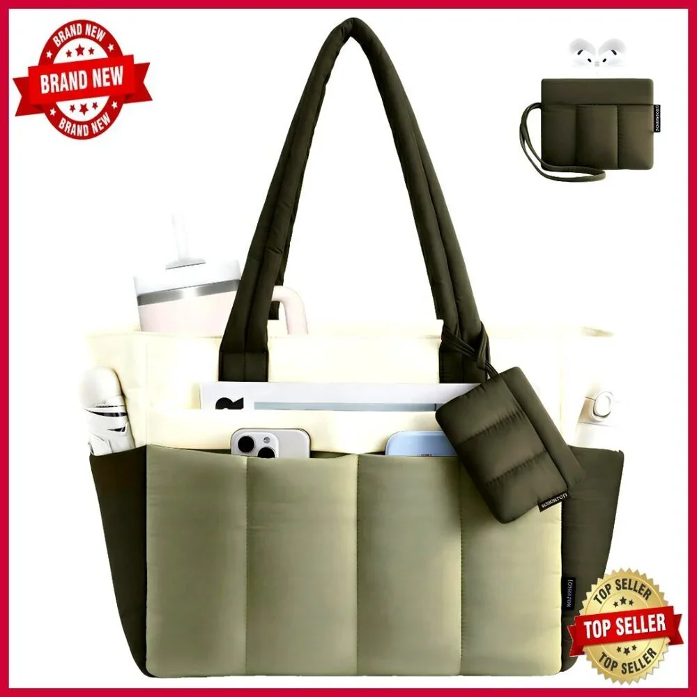 Puffer Tote Bag with Zipper 15.6 Inch Laptop Compartment 14 Pockets